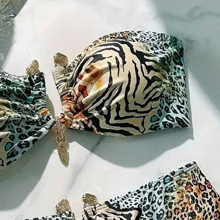 Women's bandeau bikini with animal print and decorative closure StylebySassy