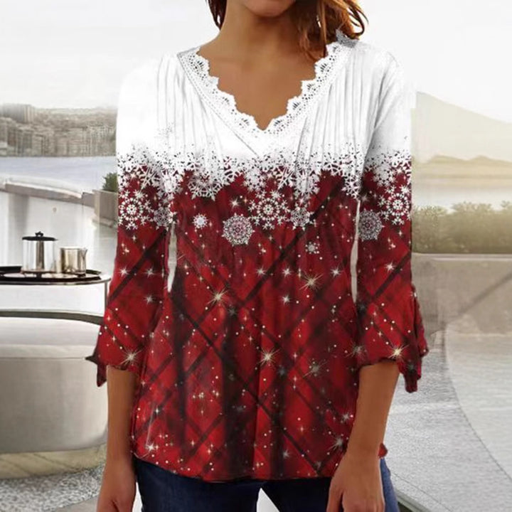 Women's Tunic blouse with lace V-neck, fine pleated yoke and wintry snowflake print StylebySassy