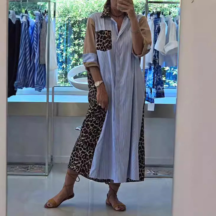 Women's shirt dress in print mix with leopard print side inserts, pinstripe yoke and roll-up sleeves StylebySassy