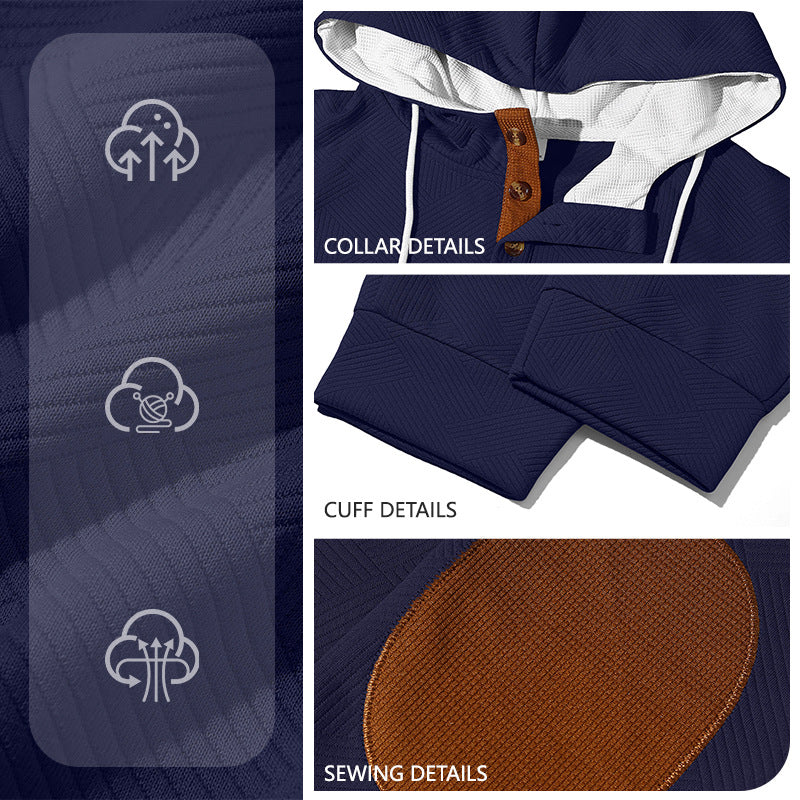 Men's textured hoodie jogging set with Henley button placket and contrast elbow patches StylebySassy