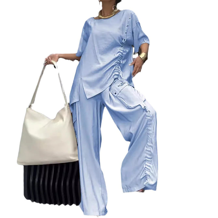 Women's nan legeres two-piece set with oversized round neck shirt, side gathering and wide cargo pants StylebySassy