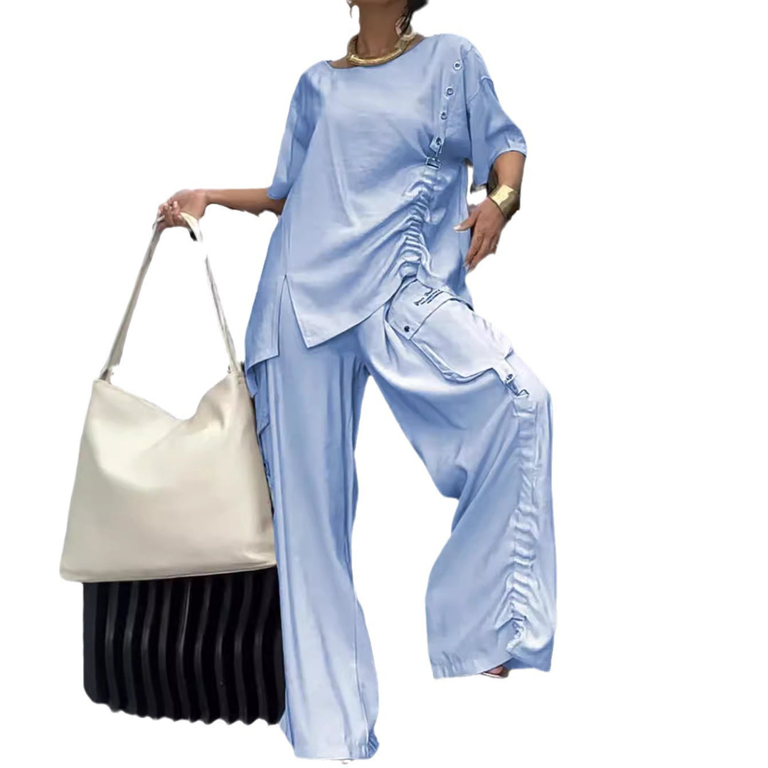 Women's casual two-piece ensemble with ruffled oversized blouse and cargo palazzo pants StylebySassy