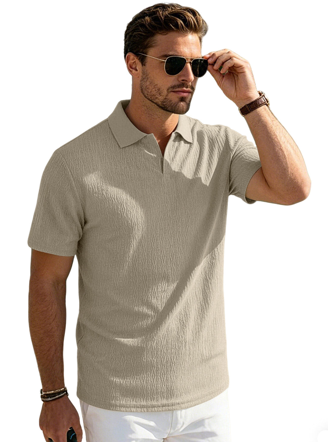 Men's elegant short-sleeve polo made of structured micro-jacquard cotton blend with shape-retaining shirt collar StylebySassy