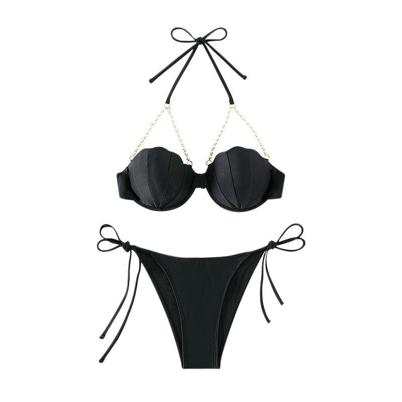 Women's bikini top with shell-shaped design and pearl lacing StylebySassy