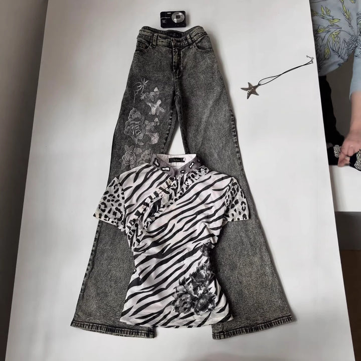 Ladies fashionable T-shirt with animal pattern and decorative collar StylebySassy