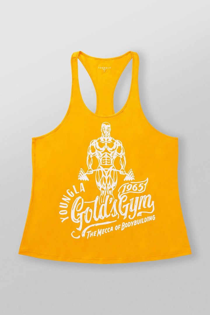 Men's nan athletic Stringer tank top backless cut with contrast piping and strength sports motif StylebySassy