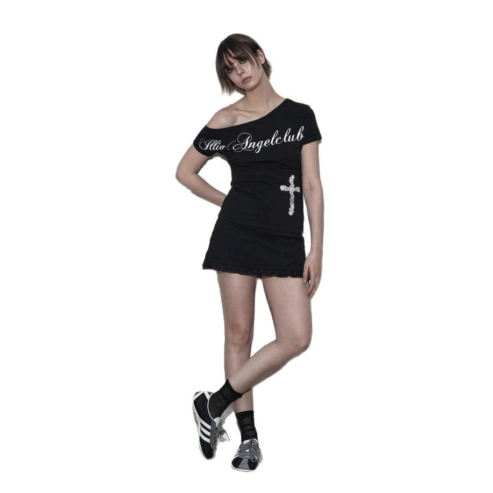 Women Off-Shoulder T-Shirt with Cross Motif StylebySassy