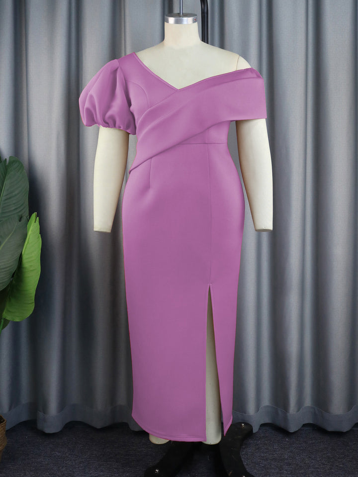 Women Elegant, figure-hugging evening dress with asymmetrical neckline and puff sleeves StylebySassy