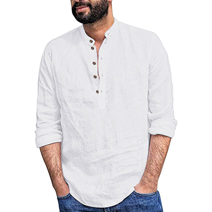 Men's relaxed long sleeve Henley shirt made of breathable linen blend with stand-up collar StylebySassy
