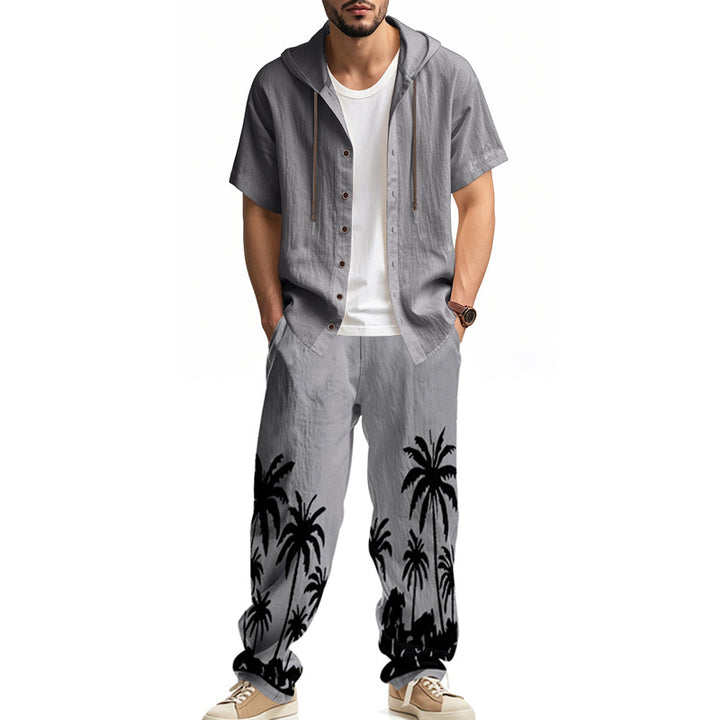 Men's casual summer ensemble with hoodie and wide palm motif pants StylebySassy
