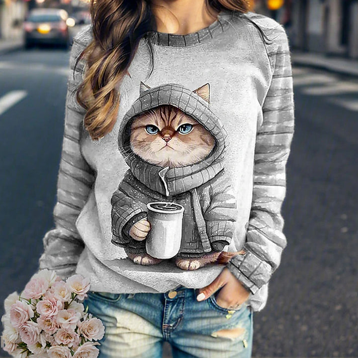 Women's casual sweatshirt with large kitten front print and striped raglan sleeves StylebySassy