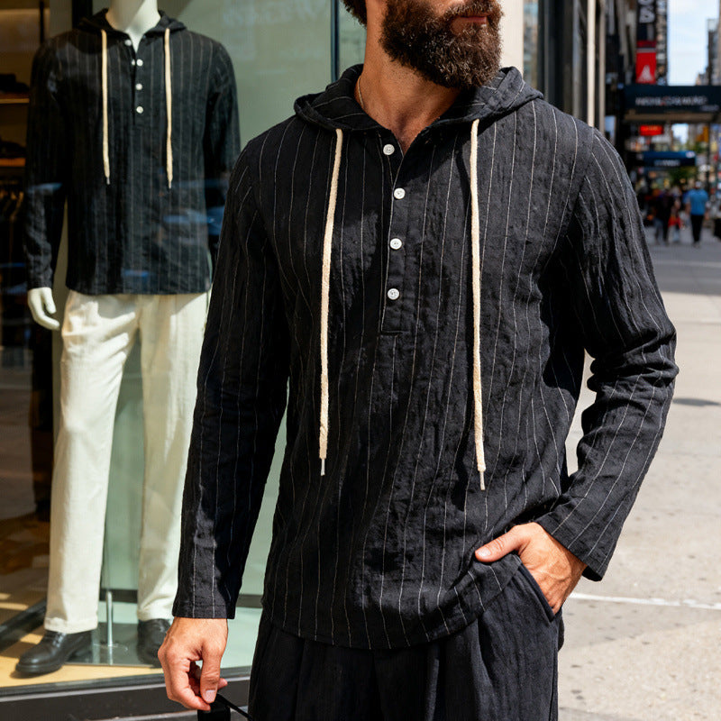 Men's linen blend hoodie shirt with half button placket and pinstripes StylebySassy
