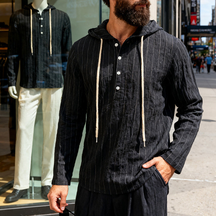 Men's linen blend hoodie shirt with half button placket and pinstripes StylebySassy