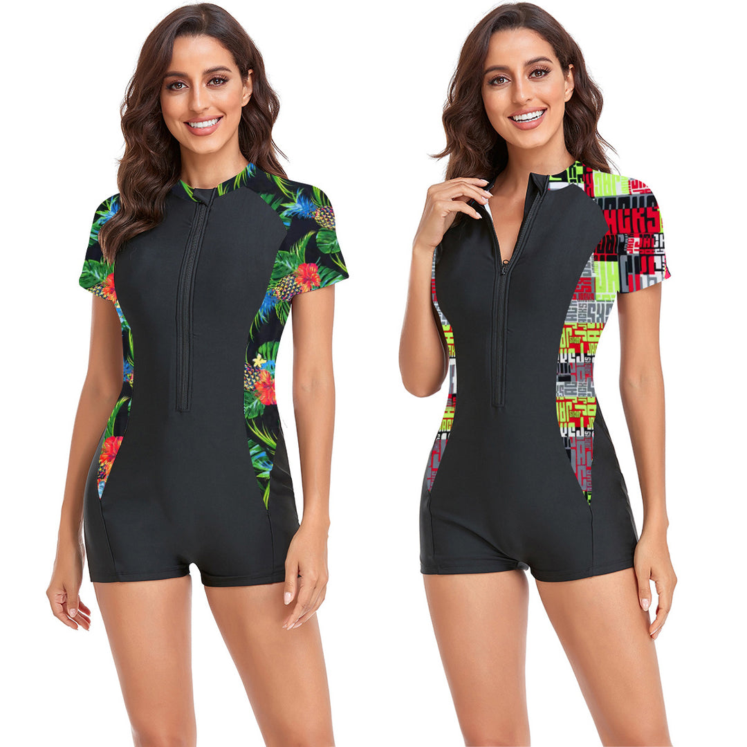 Ladies' sporty swimsuit with short sleeves and colorful floral print StylebySassy