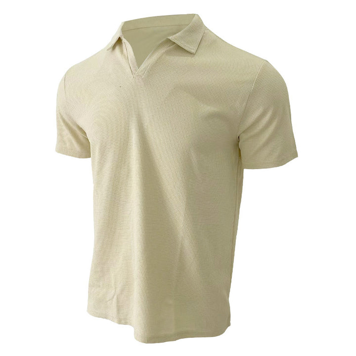 Men's lightweight short-sleeve polo made from waffle jersey with an open V-neck and shirt collar StylebySassy