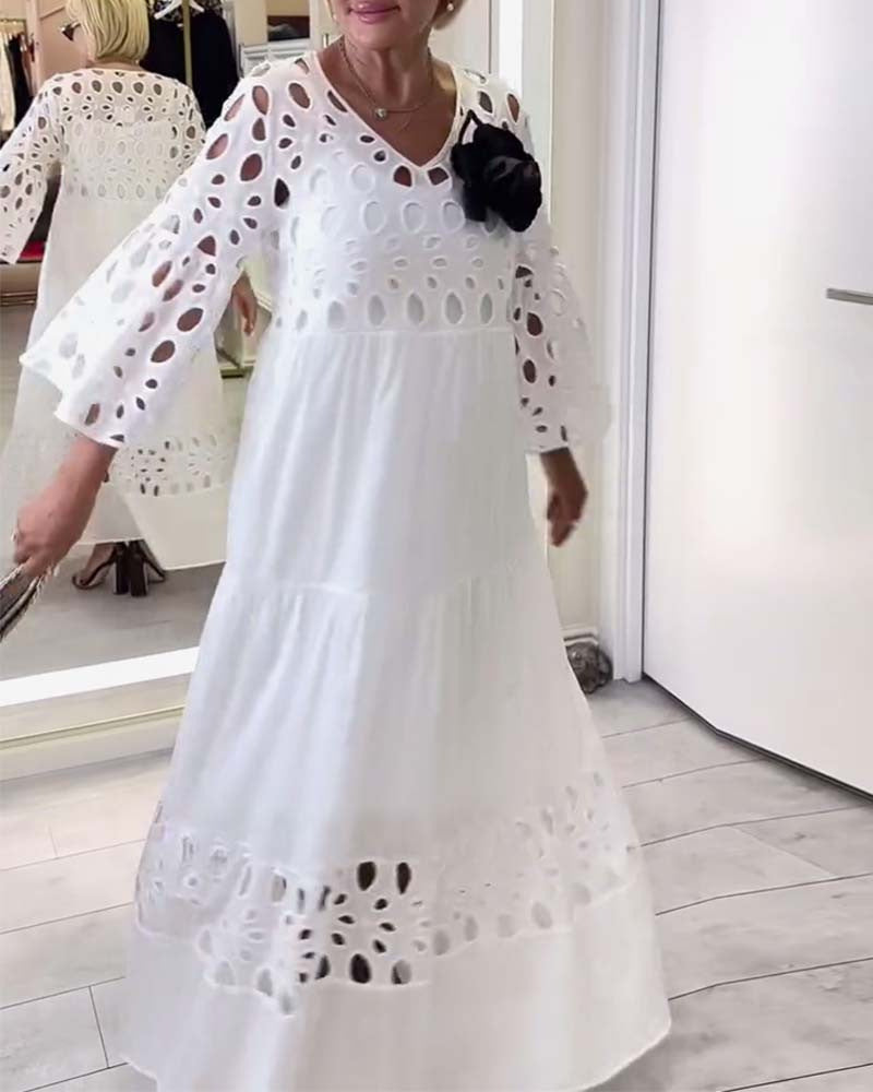 Women's maxi dress with openwork embroidery, V-neck, wide bell sleeves, and tiered hem StylebySassy