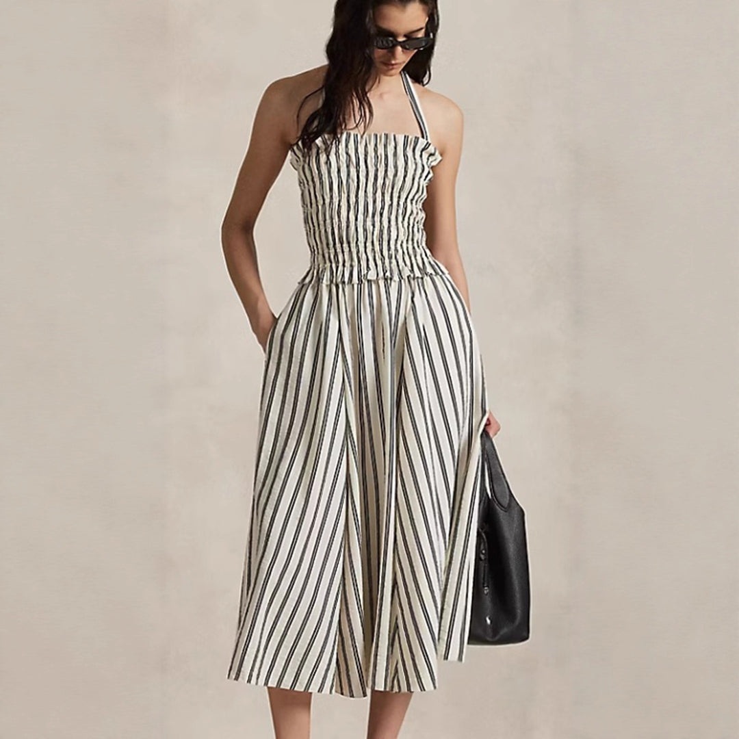 Women's midi dress with gathered smock top, removable halter neck and side pockets StylebySassy