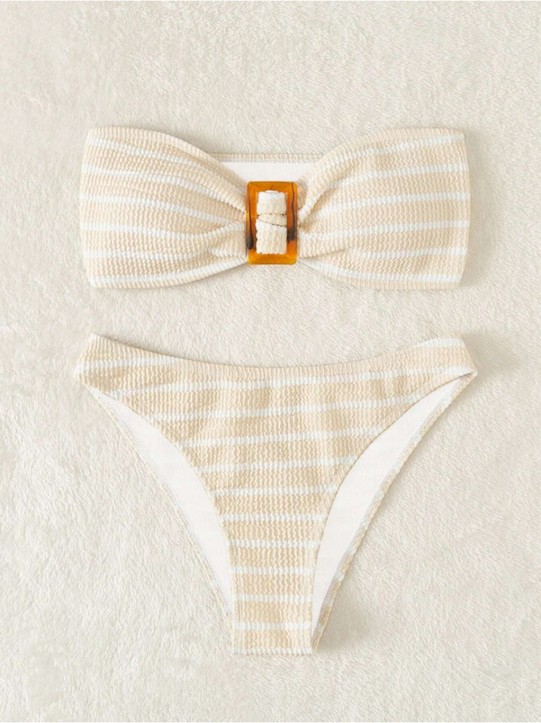 Women's bandeau bikini with a stylish striped pattern and decorative buckle StylebySassy