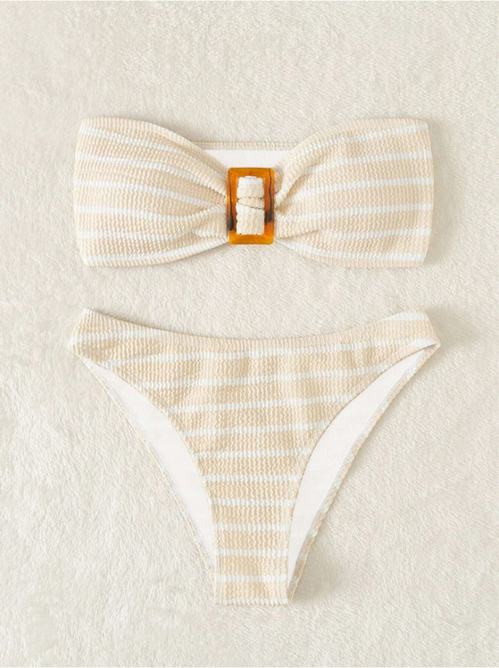 Women's bandeau bikini with a stylish striped pattern and decorative buckle StylebySassy