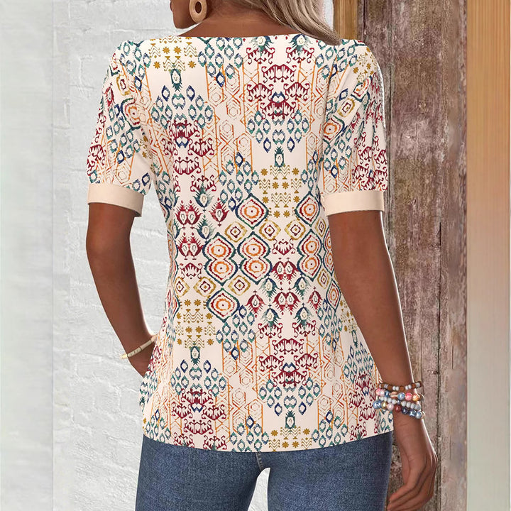 Women's Boho Print Short Sleeve Shirt with Square Neckline, Contrast Trim and Rounded Hem StylebySassy