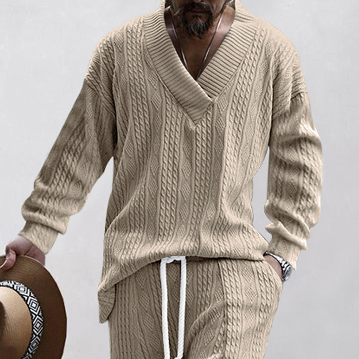 Men's cable knit set with deep V-neck and drawstring joggers StylebySassy