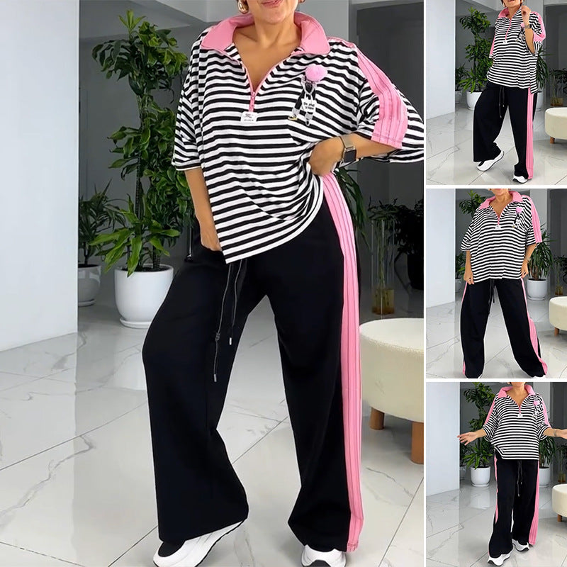Women's casual two-piece polo lounge set with oversized stripes, pompom application, and contrasting side panels StylebySassy