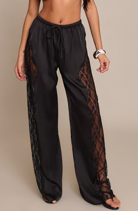 Women satin trousers with side lace inserts, wide leg and drawstring StylebySassy