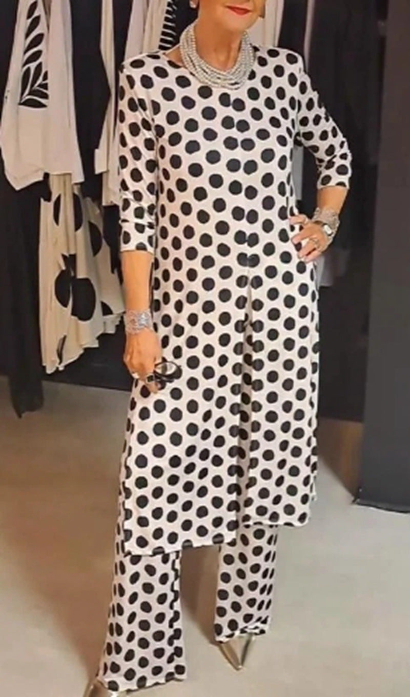 Women Nan Polka Dot Lounge Set with Long A-Line Tunic, Center Front Slit, and Wide Palazzo Pants StylebySassy
