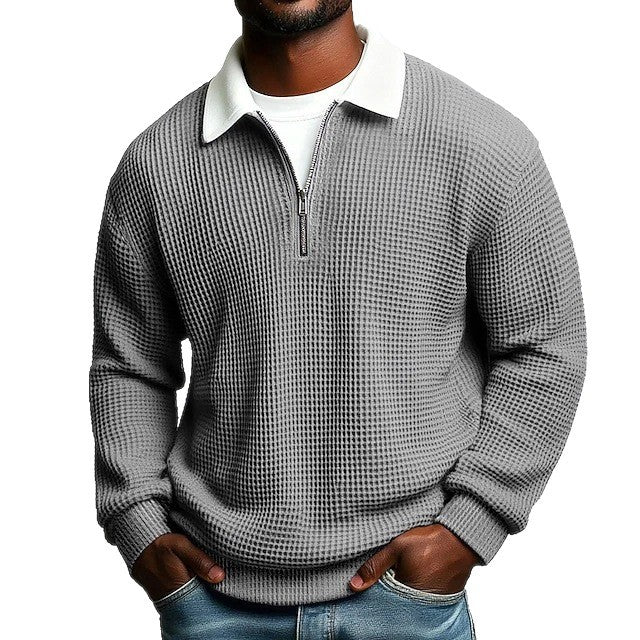 Men's structured waffle knit pullover with polo collar and short zipper StylebySassy