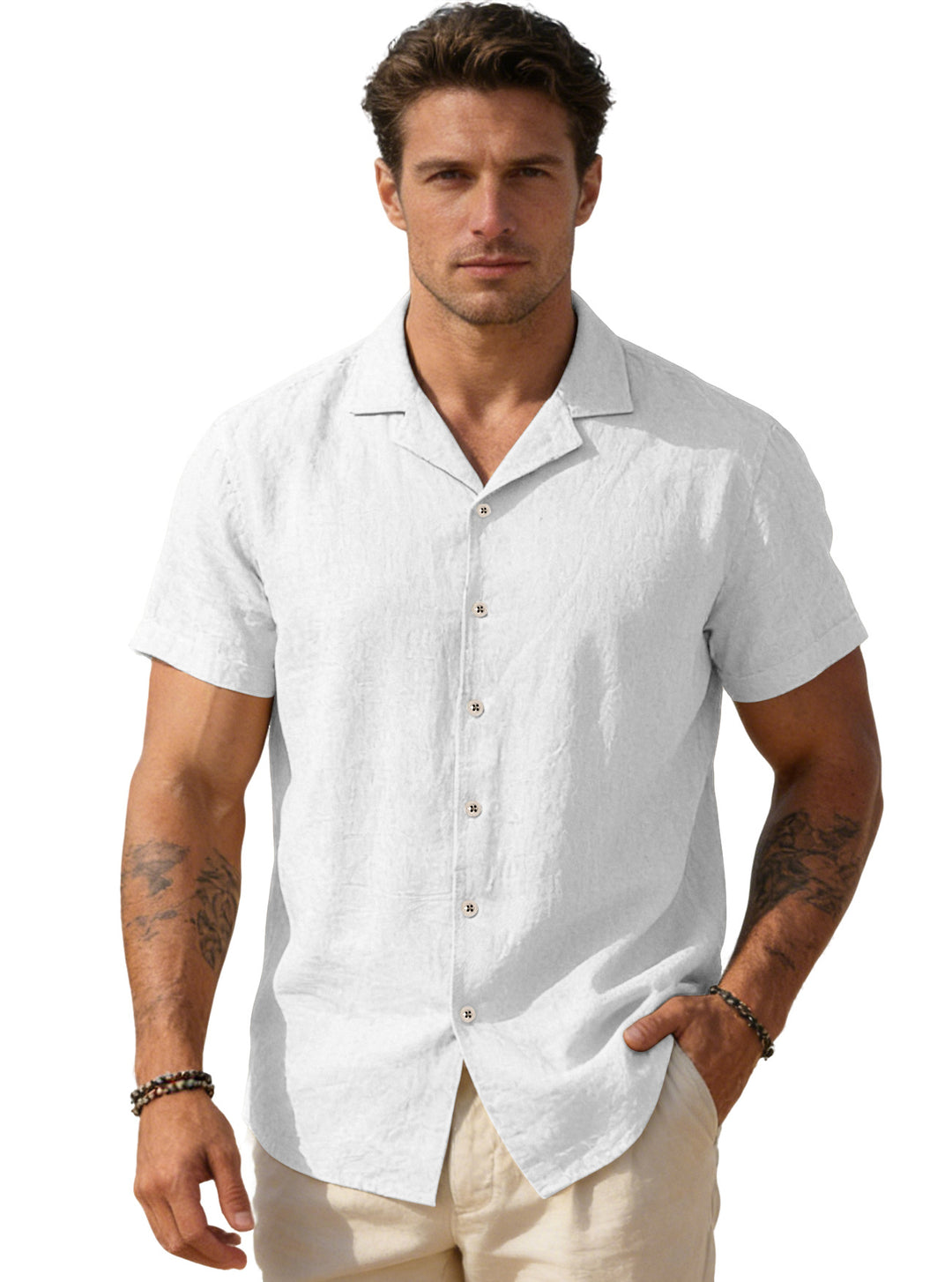 Men's airy linen camp shirt with open lapel collar short sleeve and relaxed summer fit StylebySassy