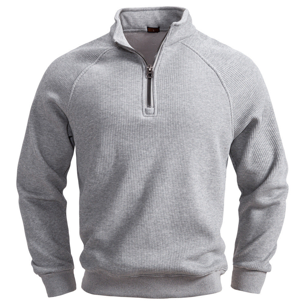 Men's fine ribbed half-zip pullover with stand-up collar, raglan sleeves, and elastic cuffs StylebySassy