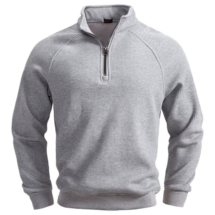 Men's fine ribbed half-zip pullover with stand-up collar, raglan sleeves, and elastic cuffs StylebySassy