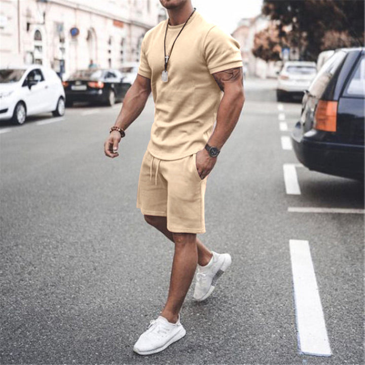 Men's fitted short sleeve shirt with reinforced shoulder seam and elastic drawstring bermuda made of stretch jersey StylebySassy