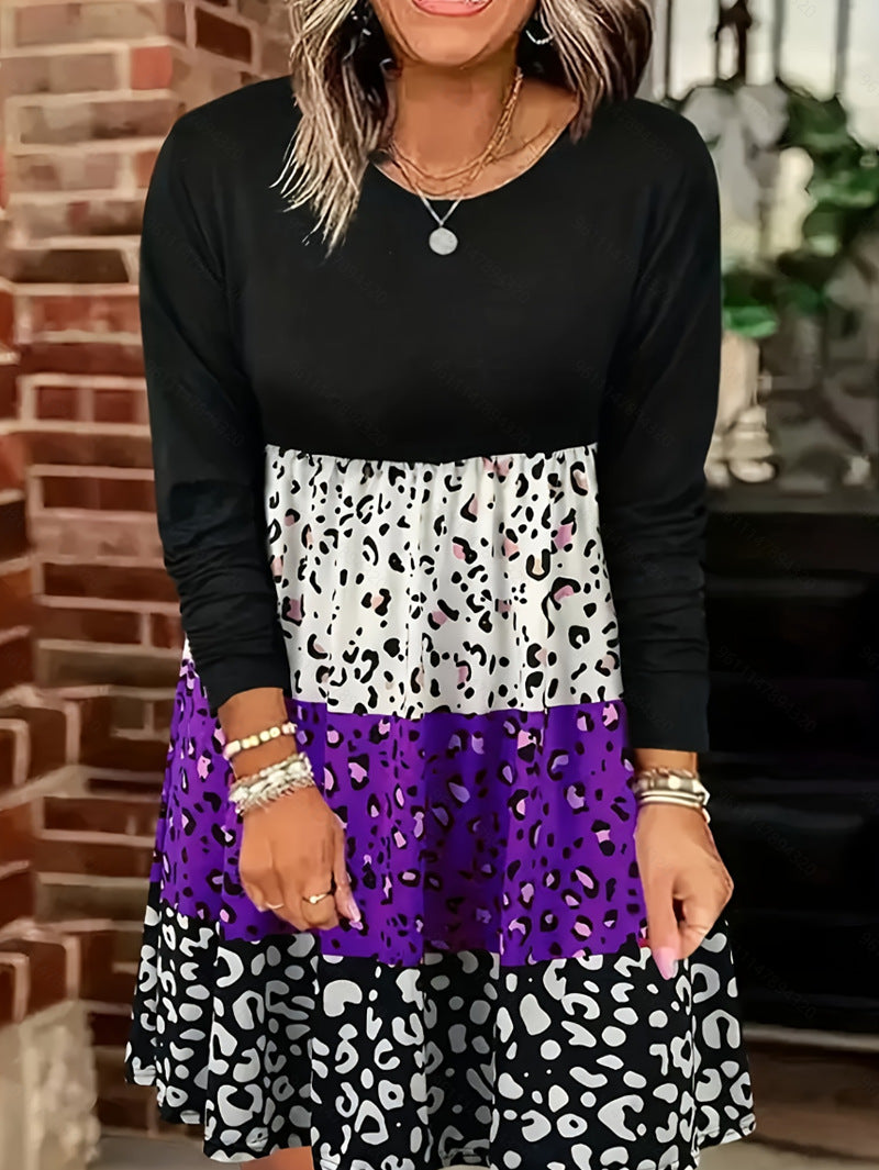 Ladies long-sleeve tiered dress with gathered empire waist and mixed animal print StylebySassy