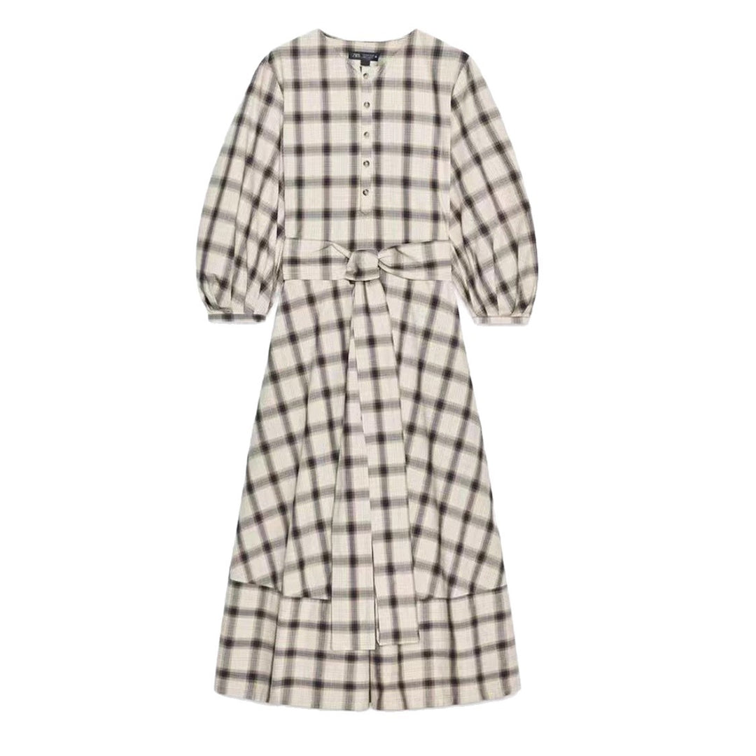 Ladies checked midi dress with balloon sleeves, waist belt and decorative button placket StylebySassy