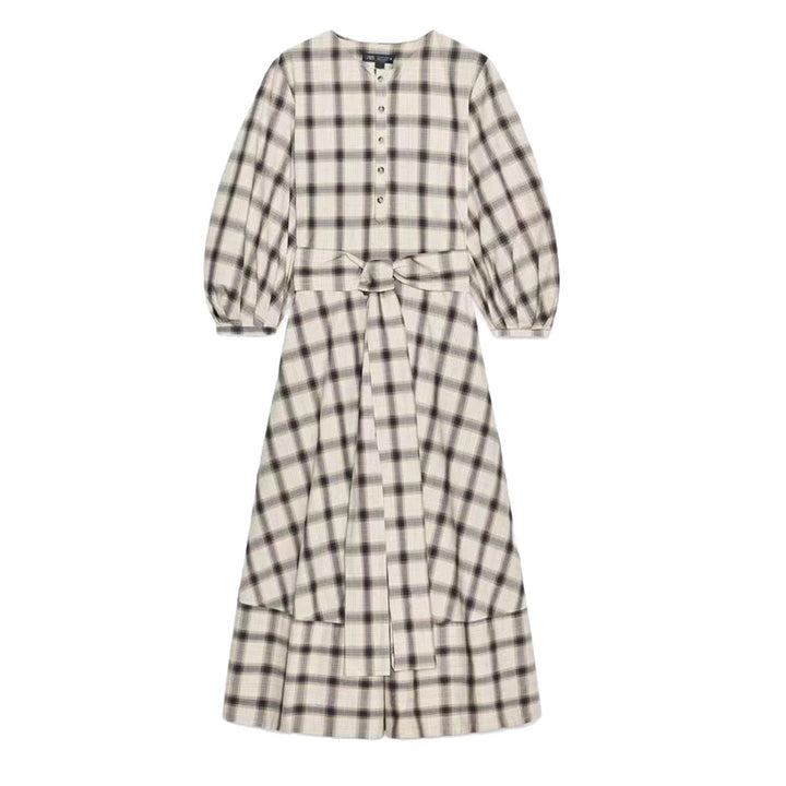 Ladies checked midi dress with balloon sleeves, waist belt and decorative button placket StylebySassy