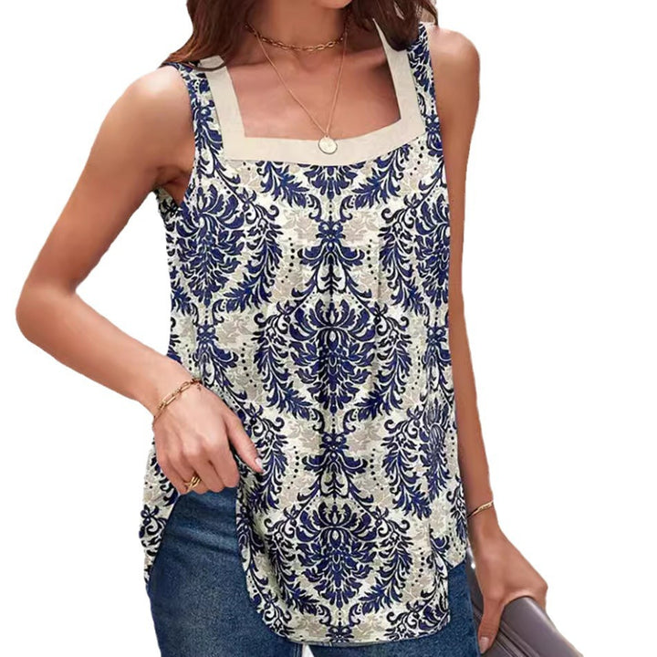 Women's sleeveless linen look top with square neckline, ornamental baroque print and rounded hem StylebySassy