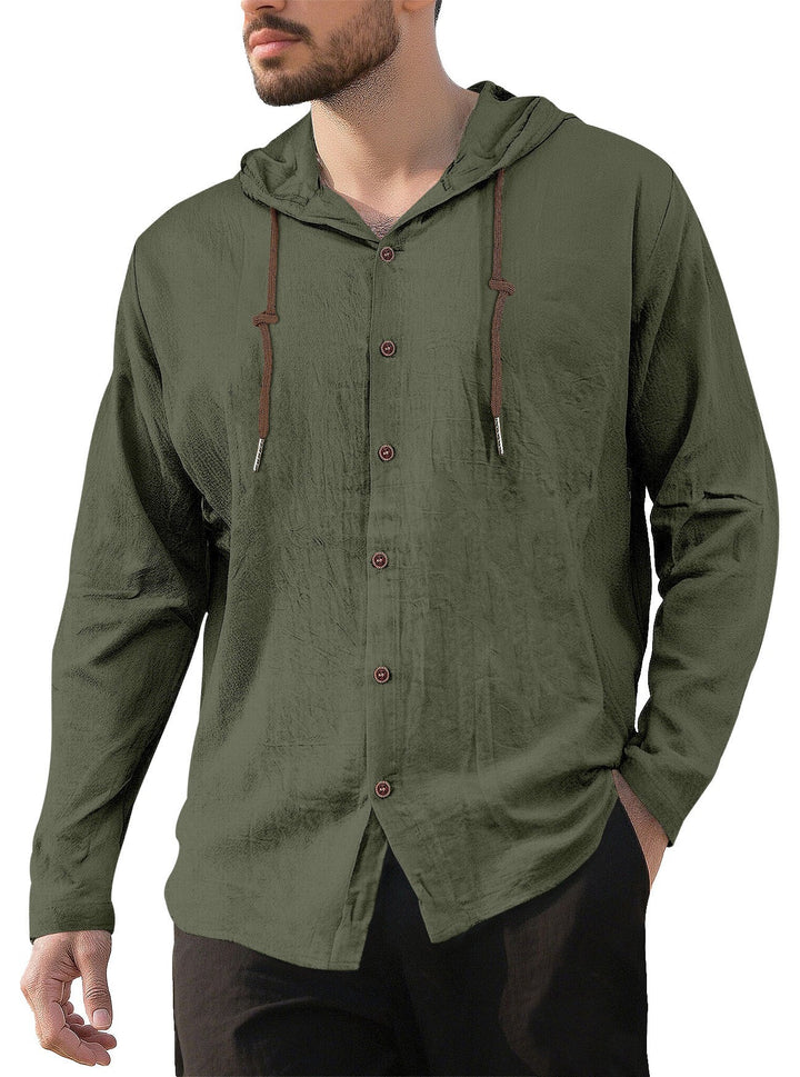Men's hooded shirt in linen look with button placket and drawstring StylebySassy