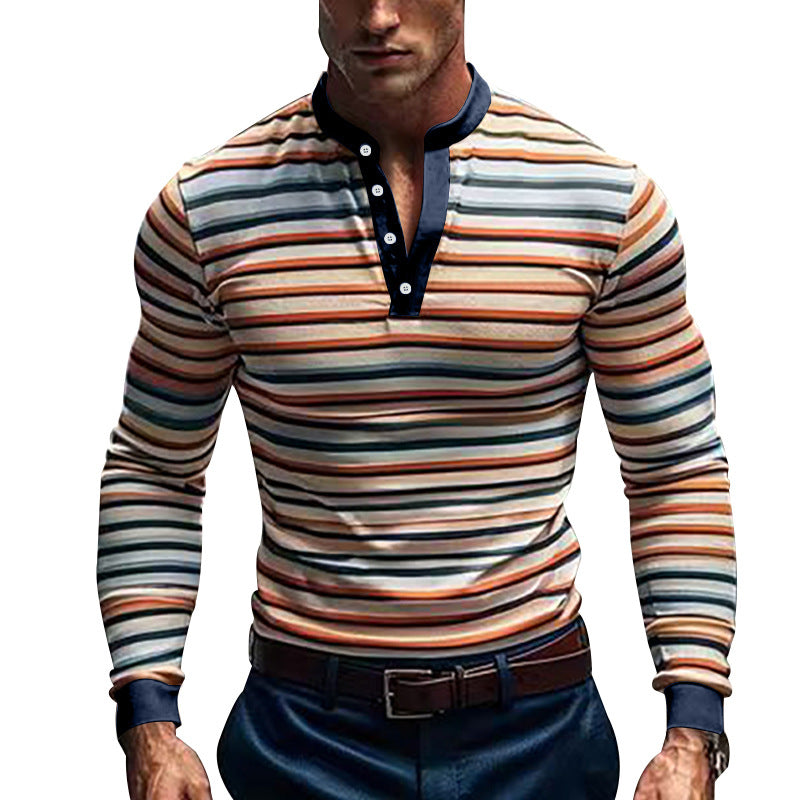 Men's striped long-sleeve Henley shirt with stand-up collar and button placket StylebySassy