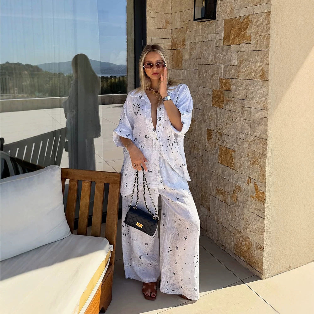 Women's airy lace embroidery beach two-piece set with oversized shirt, chest pocket, and wide palazzo pants StylebySassy