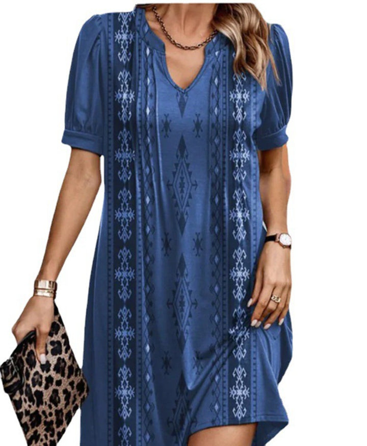 Women's A-line short dress with V-neck, voluminous sleeves, and vertical ethnic print StylebySassy