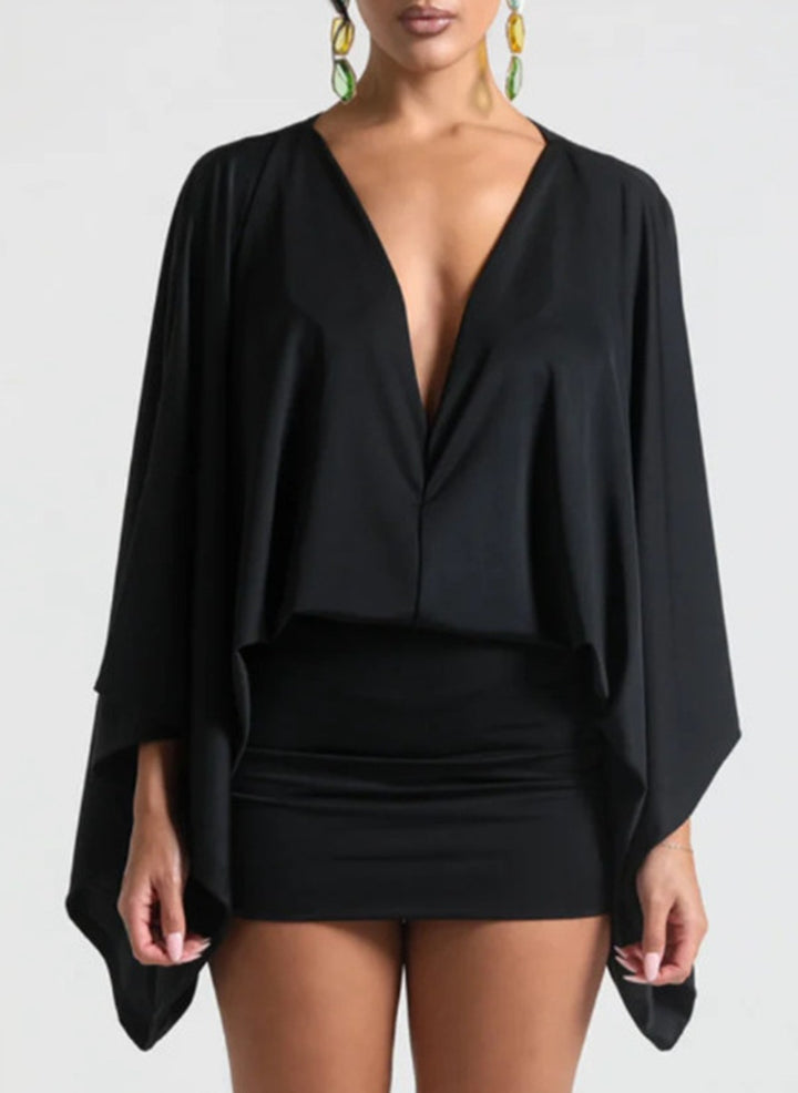 Women nan cape mini dress with deep V-neck, batwing sleeves and tailored mini skirt StylebySassy