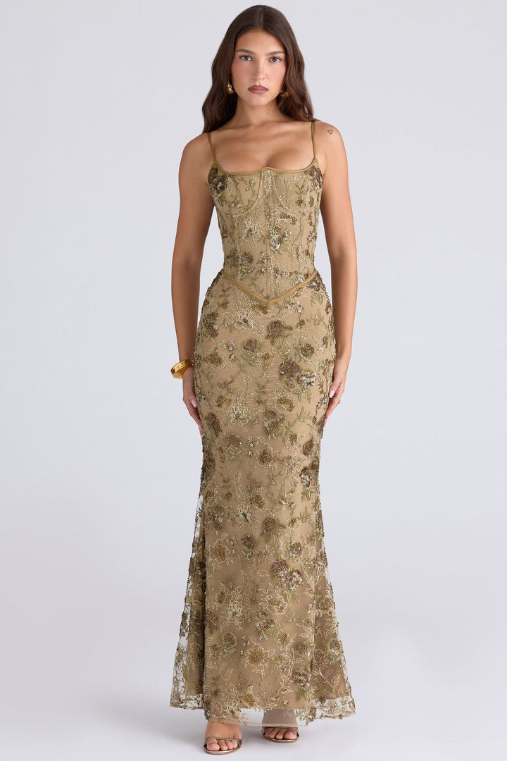 Ladies elegant embroidered evening dress with corset top and transparent lace overlay StylebySassy