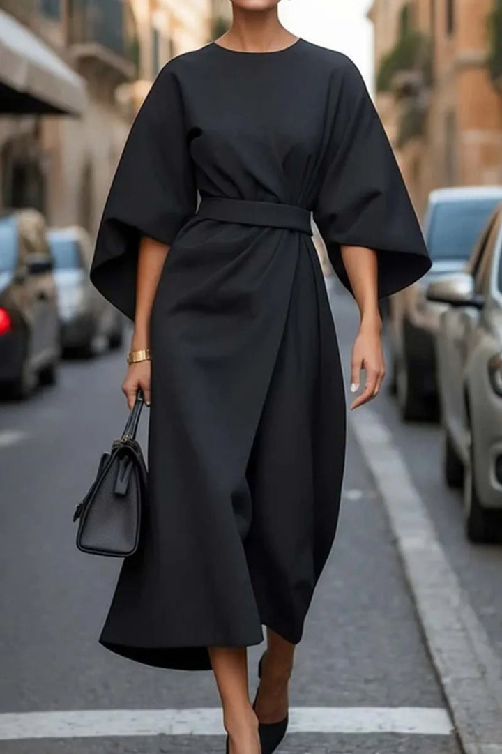 Ladies' elegant midi dress with kimono sleeves, draped wrap look and waist belt StylebySassy