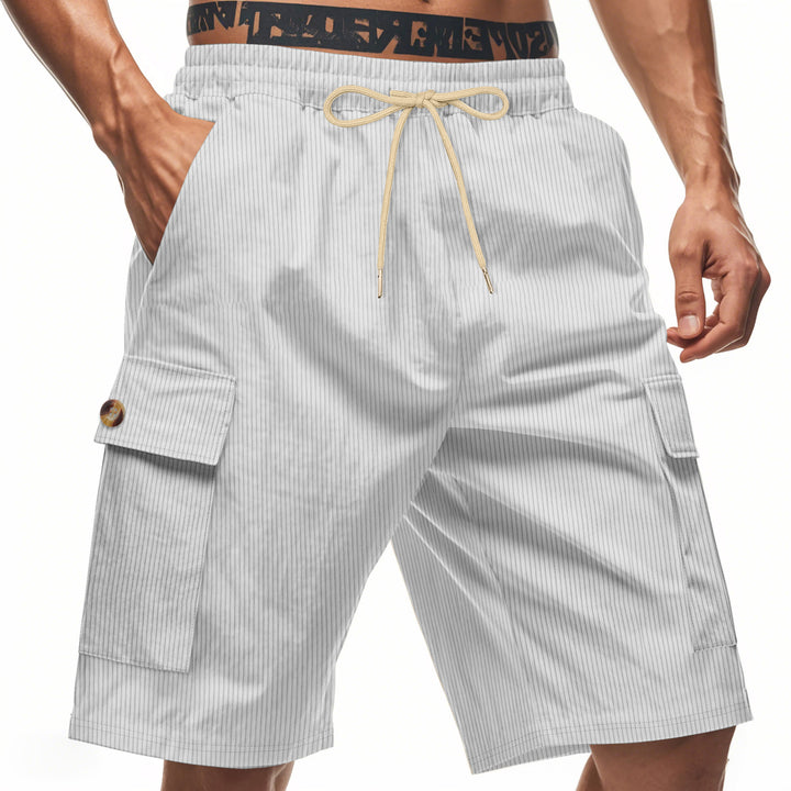 Men's casual utility bermuda with fine ribbed texture, elastic drawstring, and flap pockets StylebySassy