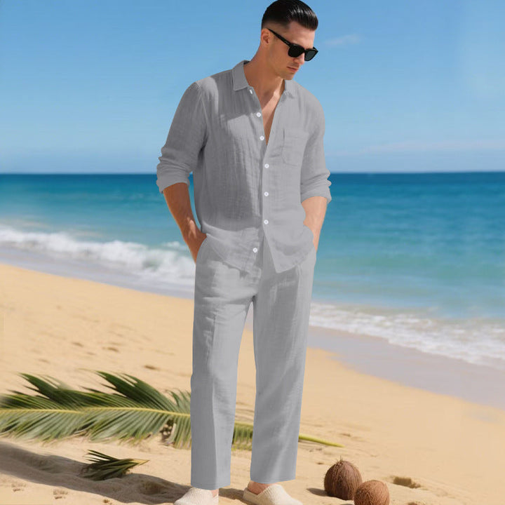 Men's lightweight linen outfit with stylish shirt and elegant pants StylebySassy