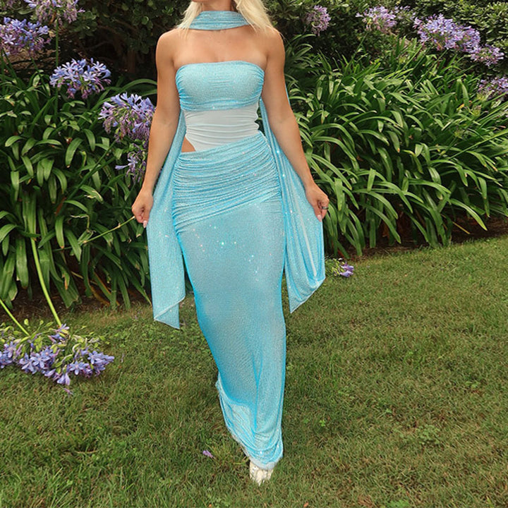 Women's Glamorous Evening Dress with Off-the-Shoulder Design and Sparkling Details StylebySassy
