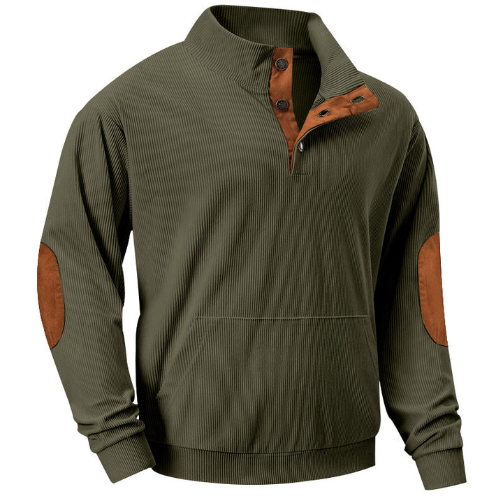 Men's knitted stand-up collar sweatshirt with button placket, kangaroo pocket and velvet elbow patches StylebySassy