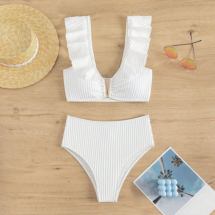 Ladies high-waisted bikini set with ruffle details and gold accents StylebySassy