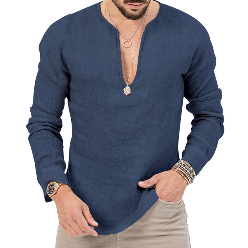 Men's relaxed linen tunic shirt with open slit collar and rounded hem StylebySassy